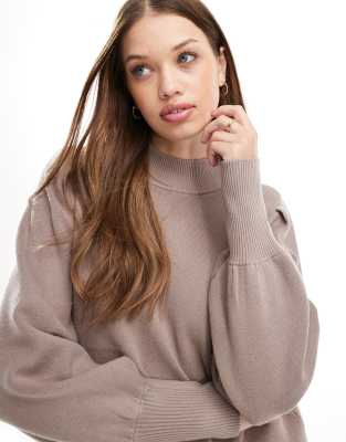 YAS YAS high neck knitted jumper with balloon sleeves co-ord in mushroom - BEIGE-Neutral