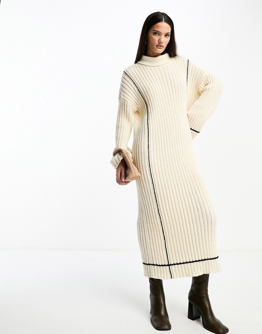 Y.a.s. High Neck Knitted Sweater Midi Dress In Cream With Contrast Stitch-white