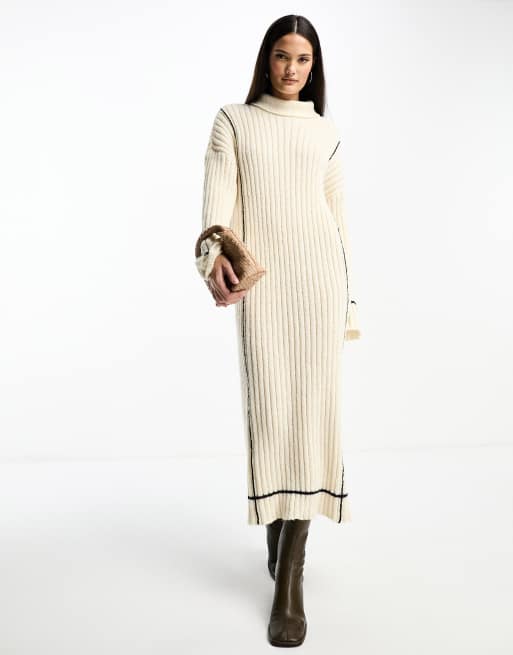 Y.A.S high neck knitted sweater midi dress in cream with contrast stitch