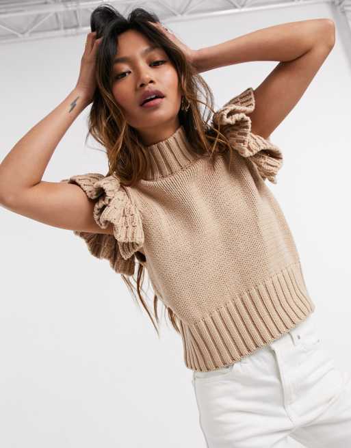 Y.A.S high neck knitted top with ruffle sleeve in camel