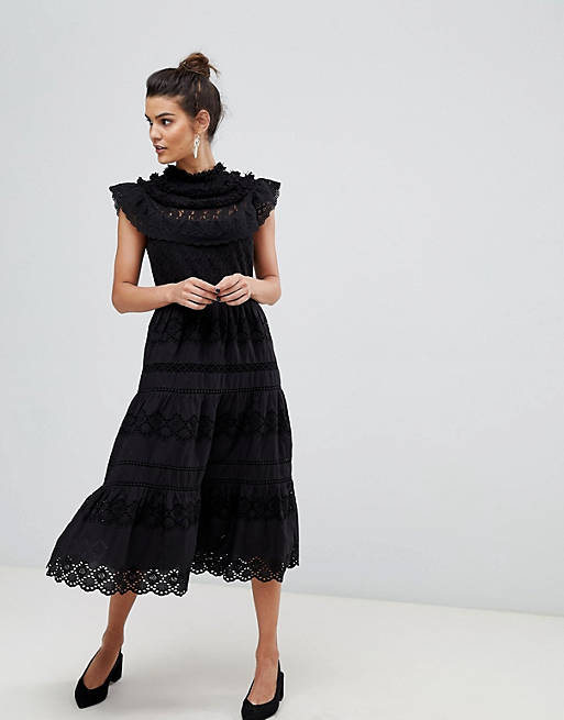 Y.A.S high neck lace deail midi dress in black
