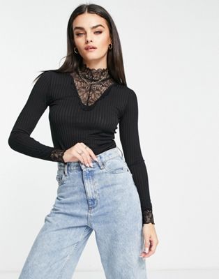 Y.A.S high neck lace detail ribbed top in black