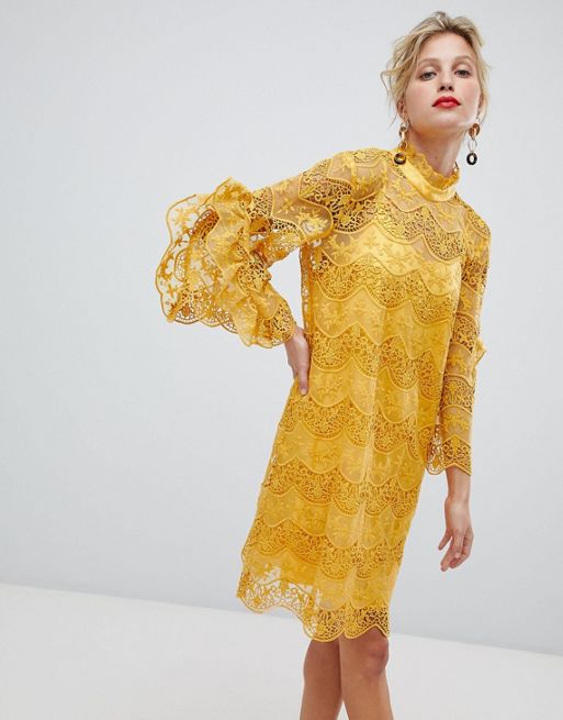 High-Neck Lace Ruffle Gown - Yellow