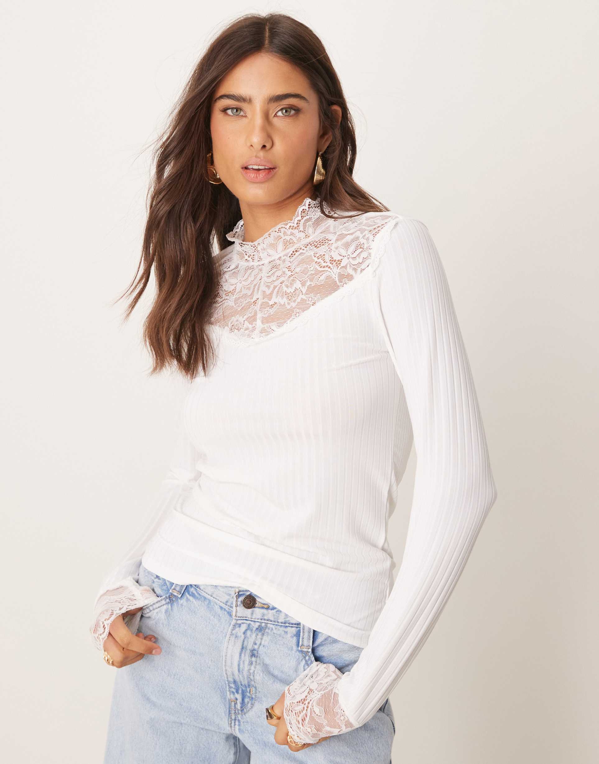 yas high neck lace victoriana style top in white
