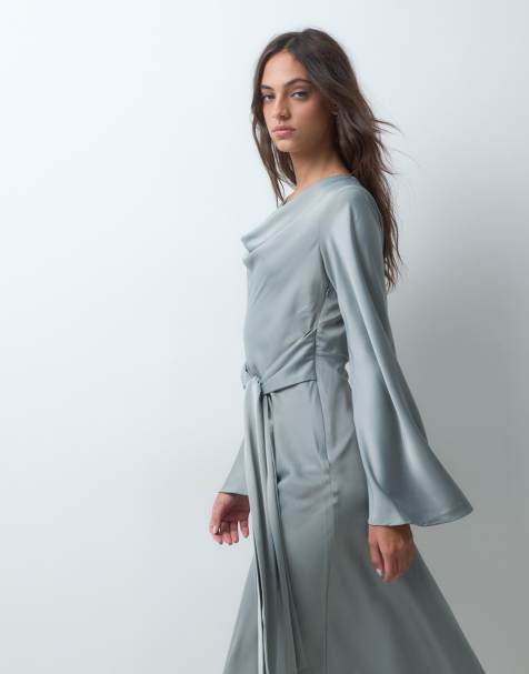 YAS high neck long sleeve satin midi dress in silver grey - view 1