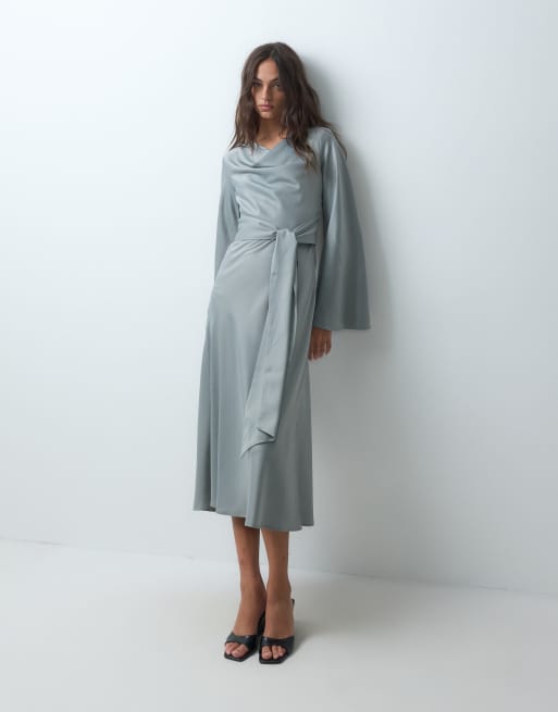 YAS high neck long sleeve satin midi dress in silver grey, 2 of 5
