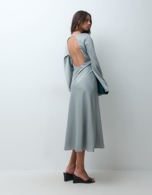 YAS high neck long sleeve satin midi dress in silver grey, 3 of 5