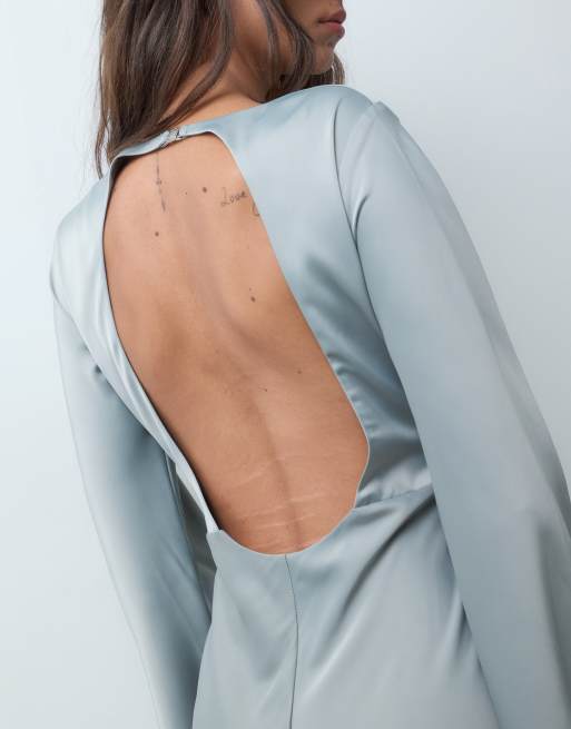 YAS high neck long sleeve satin midi dress in silver grey, 5 of 5