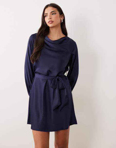 YAS high neck long sleeve satin mini dress in navy - view 1