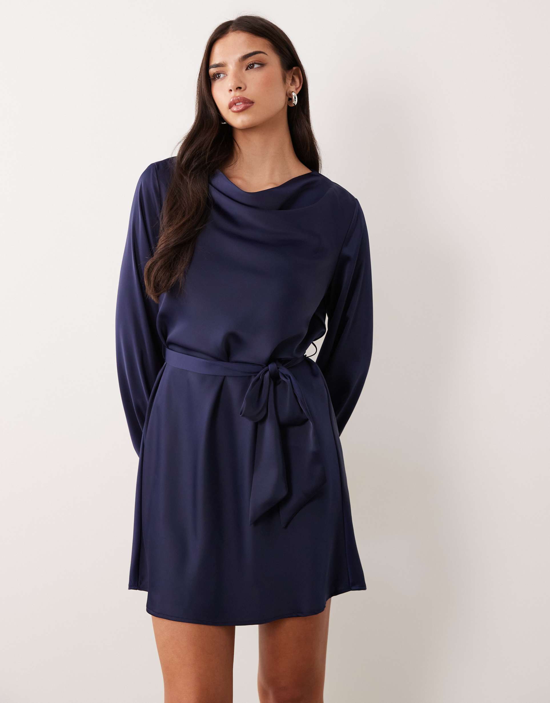 yas high neck long sleeve satin mini dress in navy