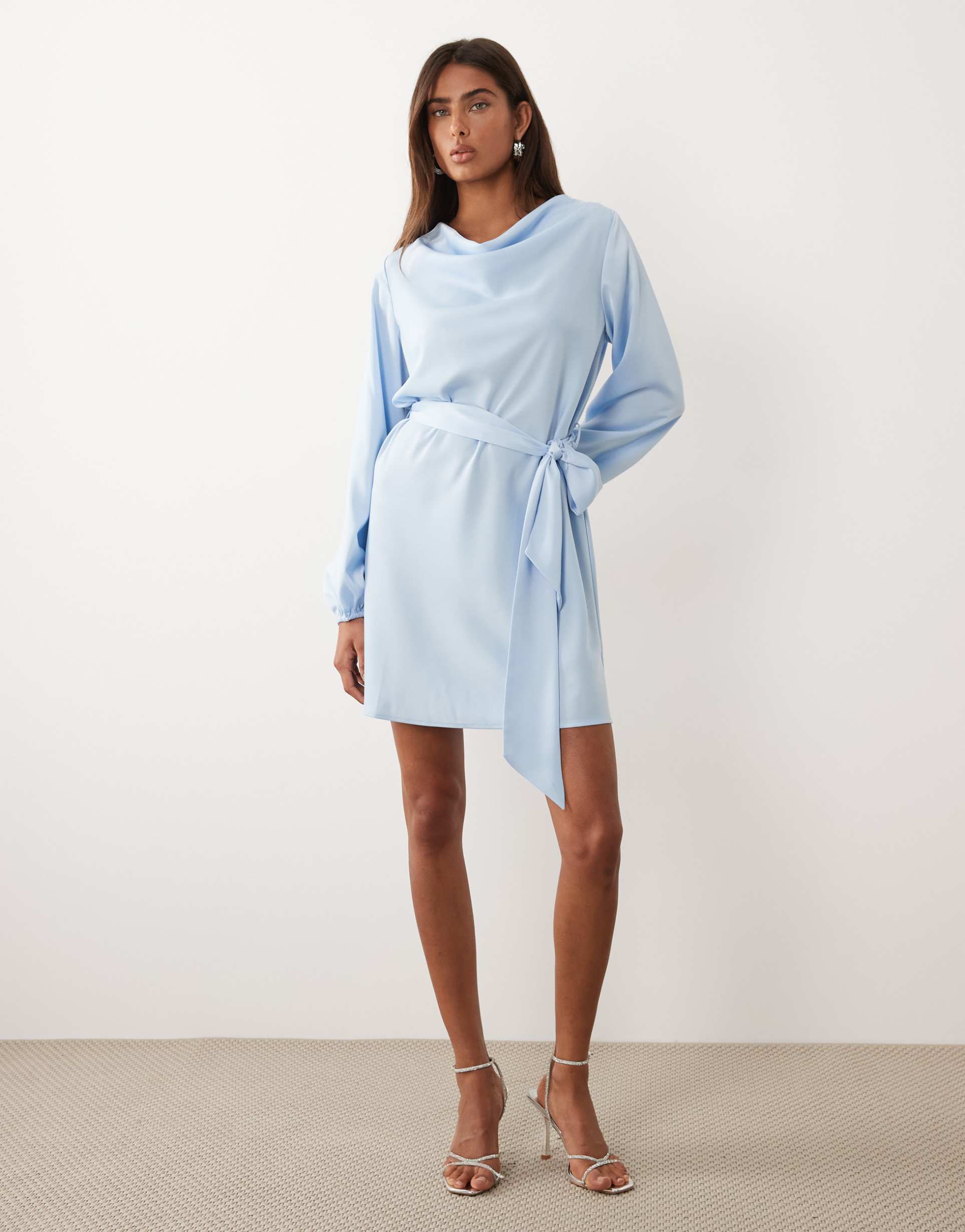 yas high neck long sleeve satin mini dress in skyway blue