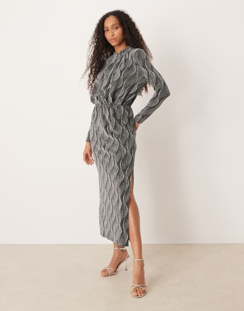 YAS high neck long sleeved glitter maxi dress in silver - view 1