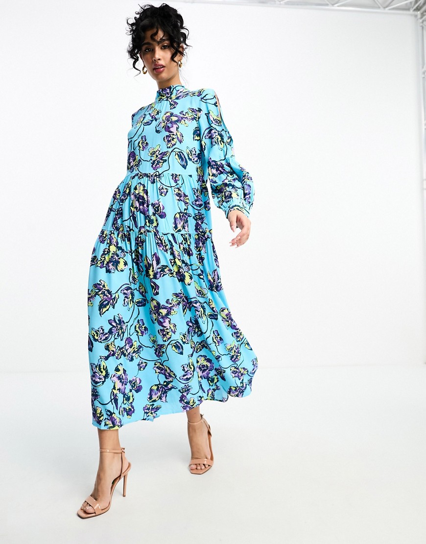 Y.a.s. High Neck Maxi Dress With Bow Back Detail In Blue Floral Print