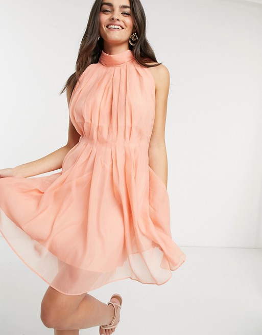 Y.A.S high neck mini dress with tie bow back in peach
