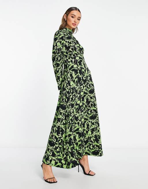 Green and White Oversized Floral Print Maxi Dress