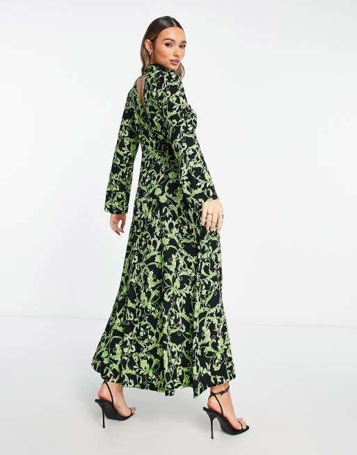 ASOS EDITION shirred front maxi dress in green floral print