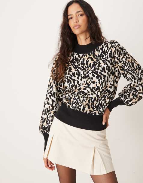 YAS high neck puff sleeve jumper in leopard print