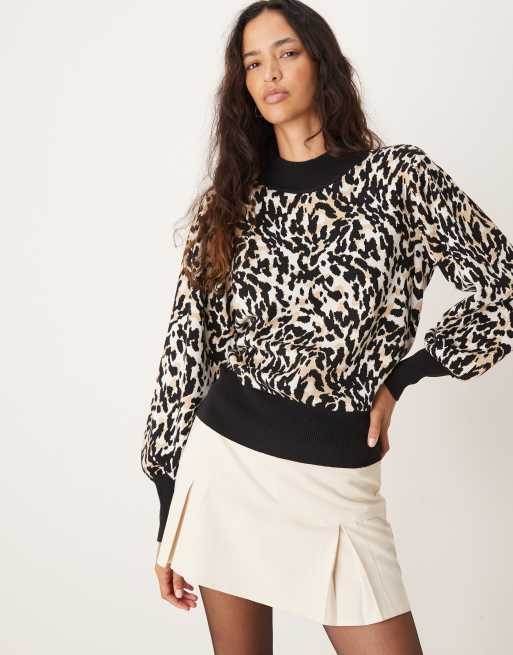 YAS high neck puff sleeve jumper in leopard print ASOS