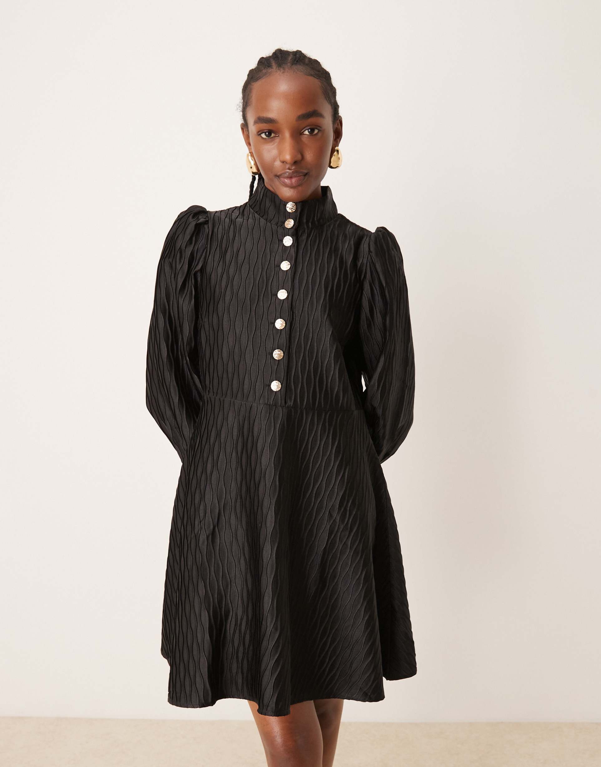 yas high neck satin mini dress with button front in black