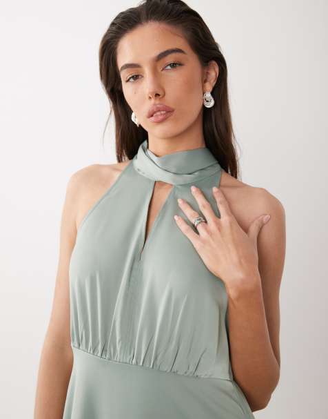 YAS high neck scarf detail satin drapey midi dress in milieu green - view 1