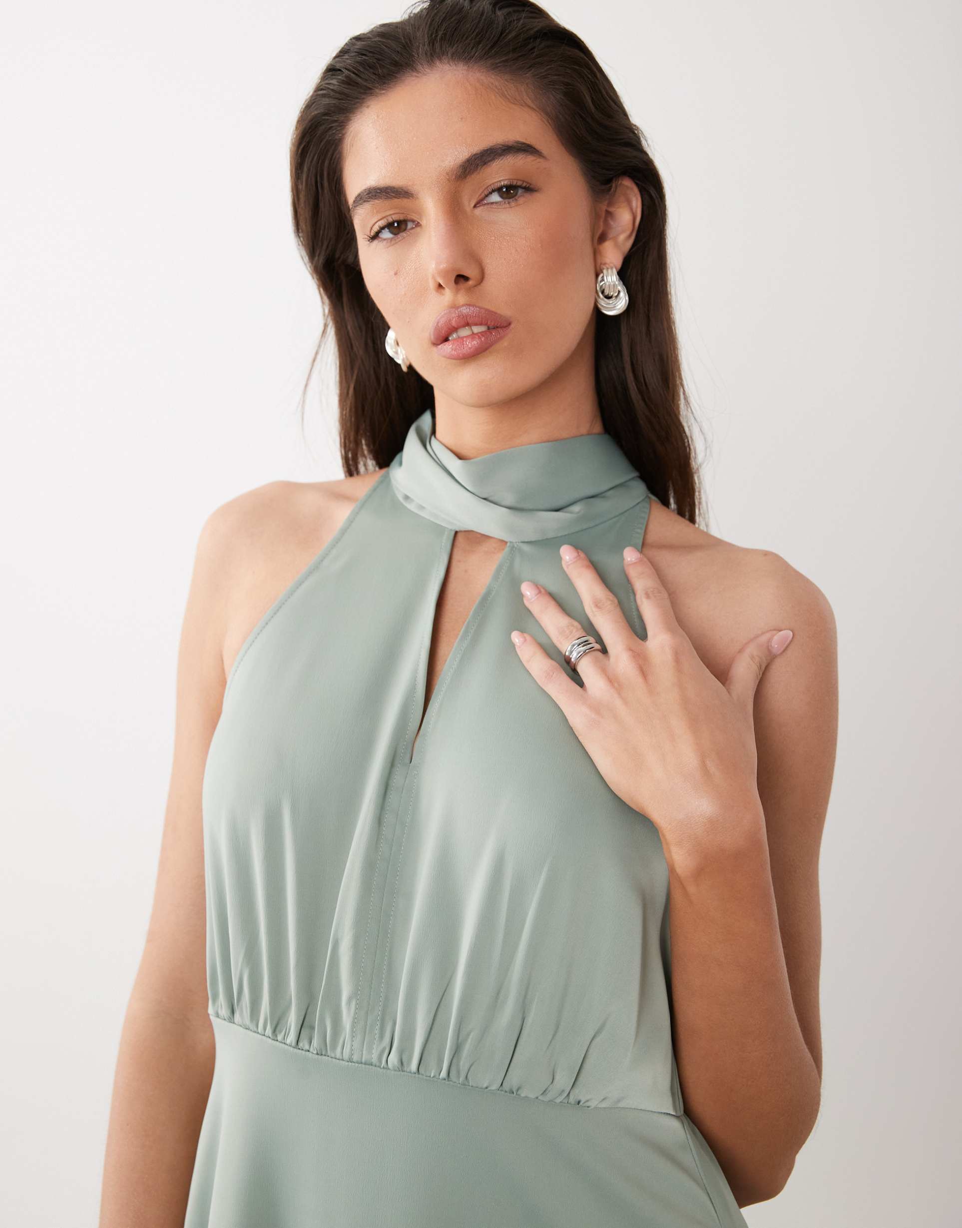 yas high neck scarf detail satin drapey midi dress in milieu green