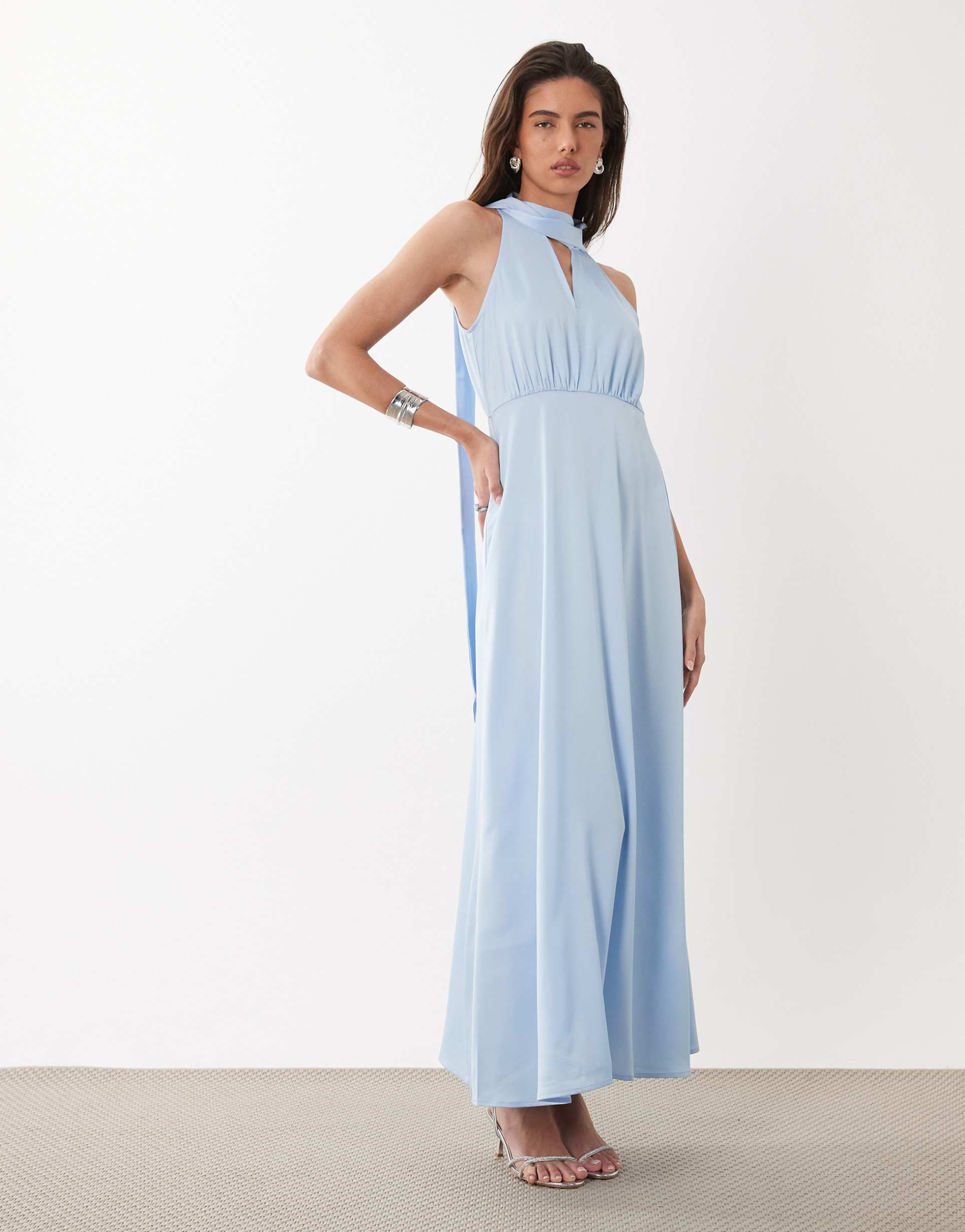 yas high neck scarf detail satin drapey midi dress in soft blue