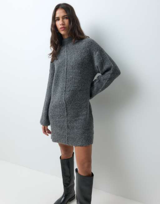 YAS high neck seam front knitted mini dress in dark grey melange, 3 of 4