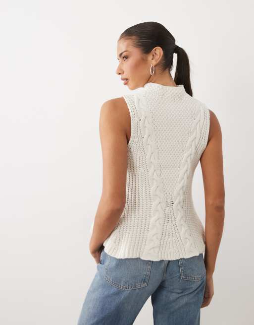 YAS high neck sleeveless cable knitted peplum top in pristine, 4 of 4