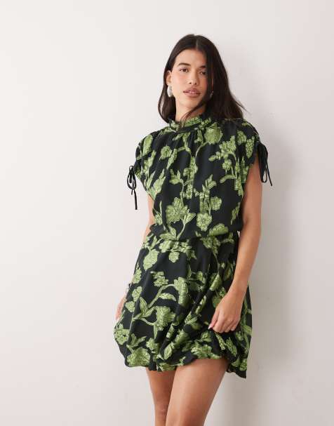 YAS high neck tie detail jacquard mini dress in black and moss green - view 1
