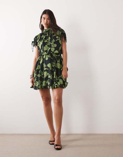 YAS high neck tie detail jacquard mini dress in black and moss green, 2 of 4