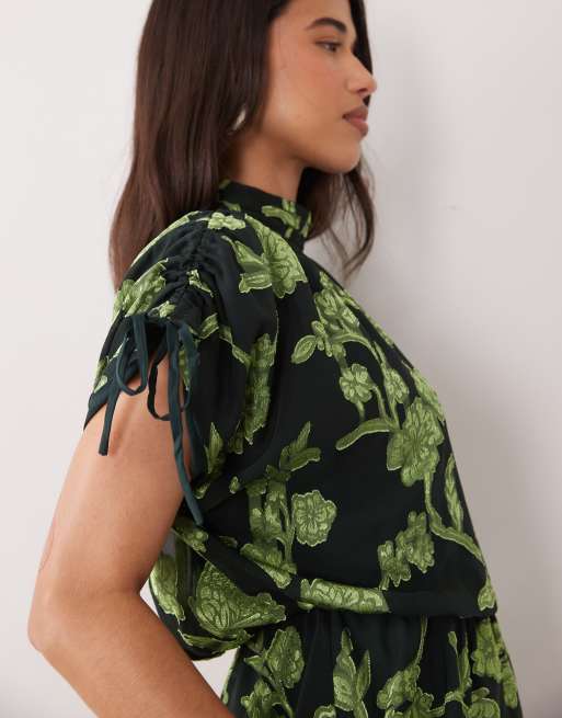 YAS high neck tie detail jacquard mini dress in black and moss green, 3 of 4