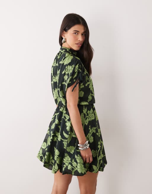 YAS high neck tie detail jacquard mini dress in black and moss green, 4 of 4