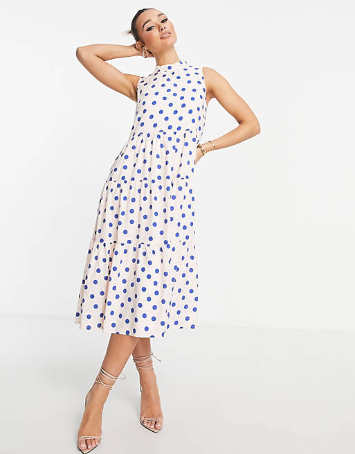 Y.A.S high-neck tiered midi dress in pink and blue spot