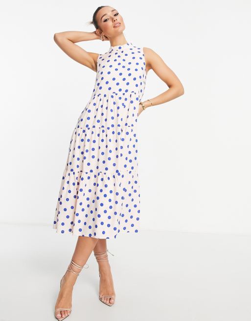 Y.A.S high neck tiered midi dress in pink & blue dot | ASOS