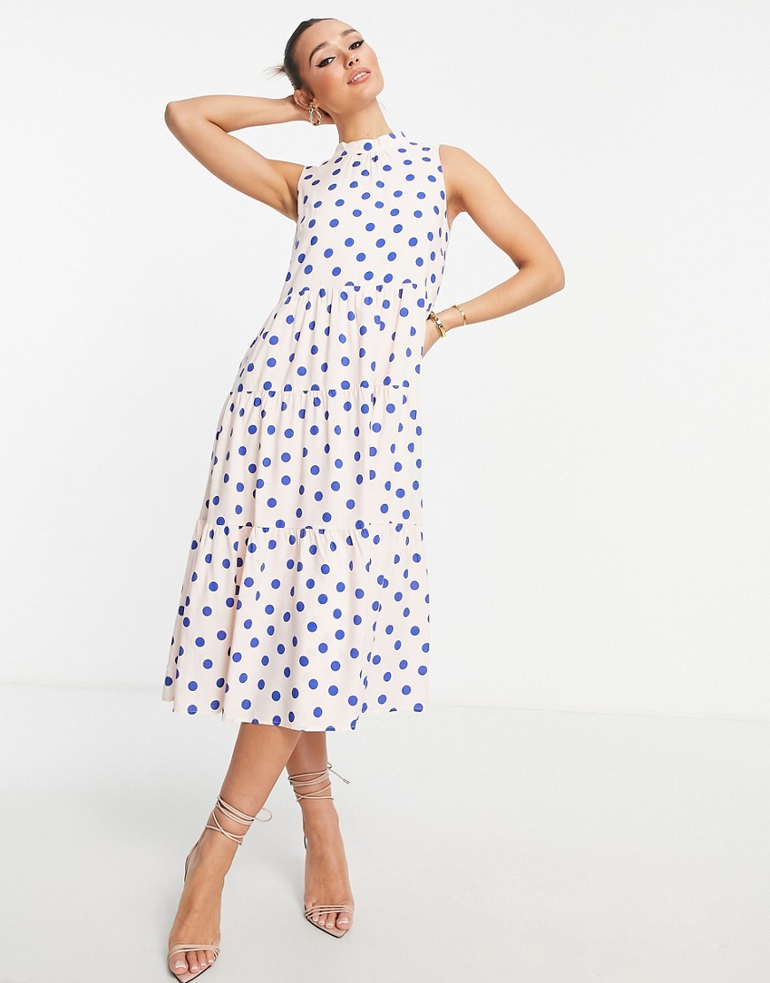 Y. A.S high neck tiered midi dress in pink & blue spot-Multi