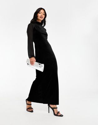 Y.A.S high neck velvet and mesh mix midi dress in black