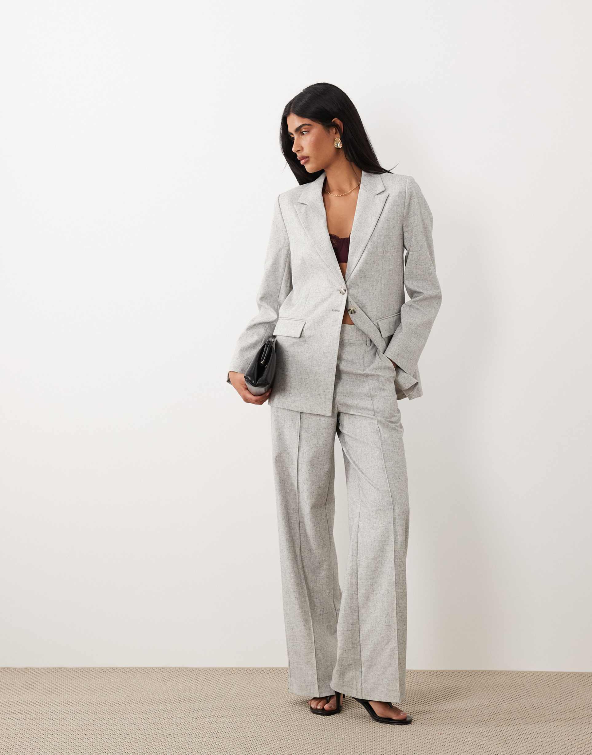 yas high rise pleated tailored pants in light gray melange - part of a set