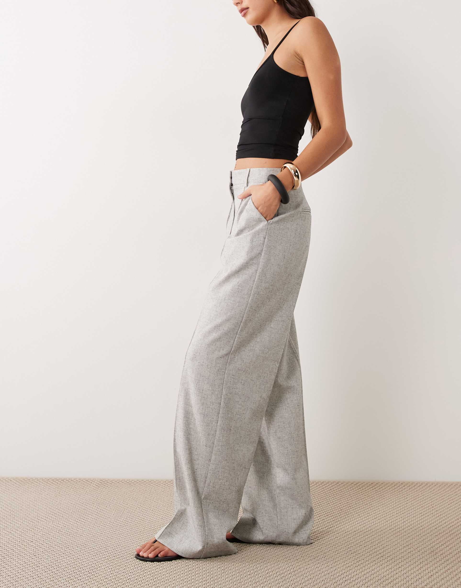 yas high waist pleated tailored pants in light gray melange