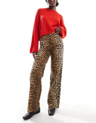 YAS high waist straight leg jeans in leopard print - MULTI