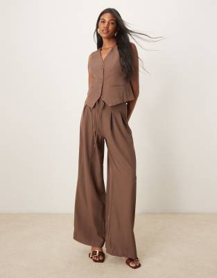 YAS high waist wide leg trousers co-ord in coffee-Brown