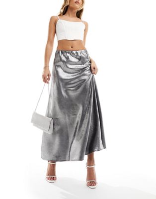 Y.A.S high waisted maxi skirt in grey metallic