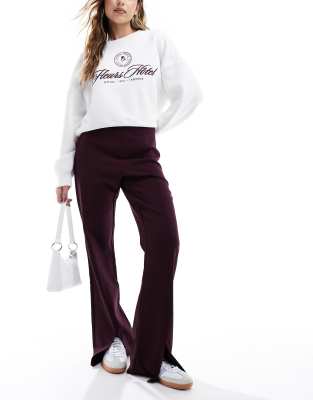 YAS high waisted split hem trousers in burgundy - BLACK