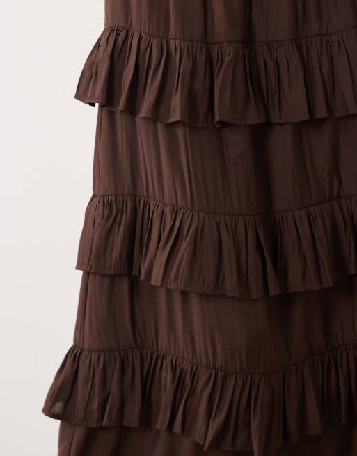 YAS high waisted tiered ruffle maxi skirt in chocolate, 4 of 5