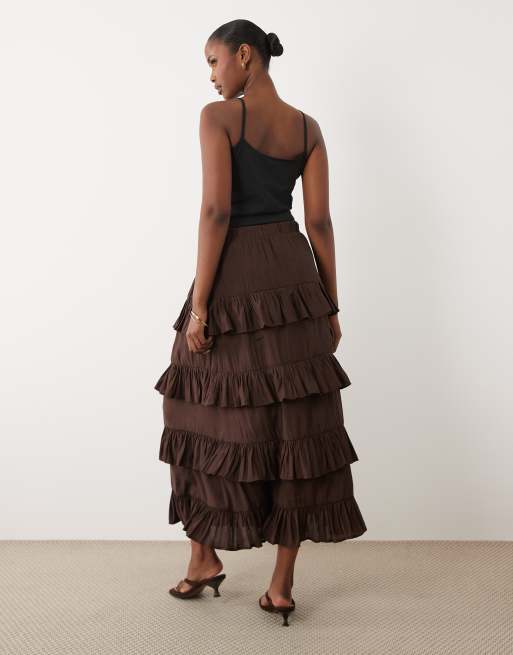 YAS high waisted tiered ruffle maxi skirt in chocolate, 5 of 5