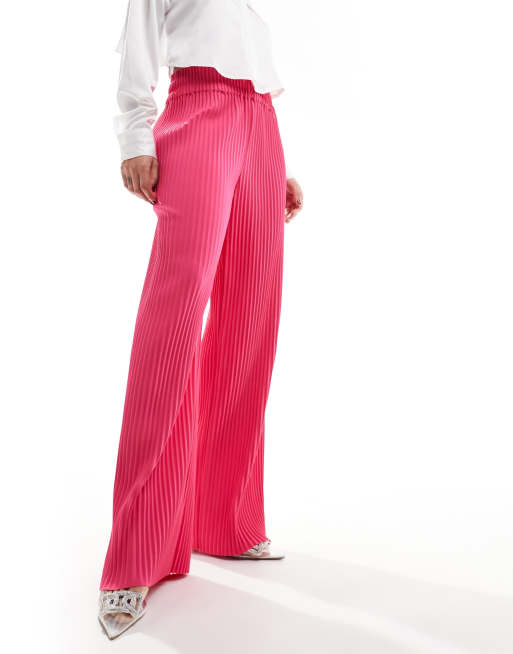 Y.A.S high waisted wide leg plisse pants in hot pink