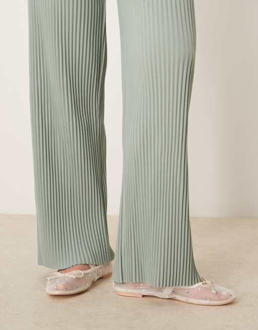 YAS high waisted wide leg plisse pants in iceberg green, 3 of 5