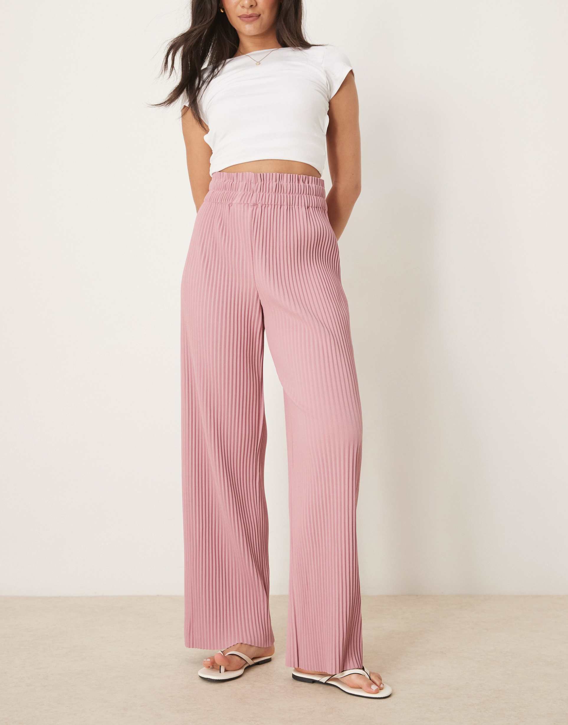 yas high waisted wide leg plisse pants in lilas pink