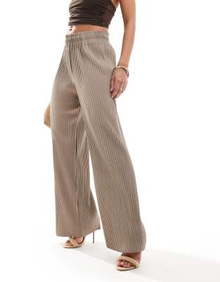 YAS high waisted wide leg plisse trousers in beige - BEIGE-Neutral