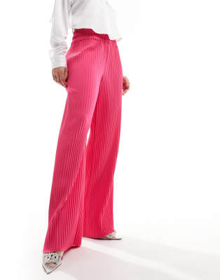 YAS high waisted wide leg plisse trousers in hot pink - BPINK