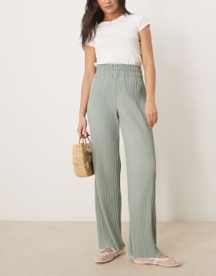 YAS YAS high waisted wide leg plisse trousers in iceberg green